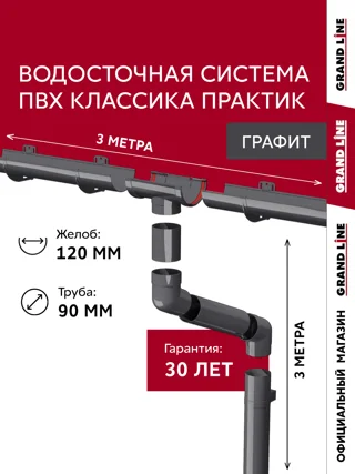 Комплект водосточной системы Классика Практик 120 ПВХ Гранд Лайн 3м/3м RAL 7024 графит